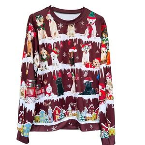 Christmas Dogs Sweatshirt Mens Large Burgundy Holiday Puppy Print Crewneck